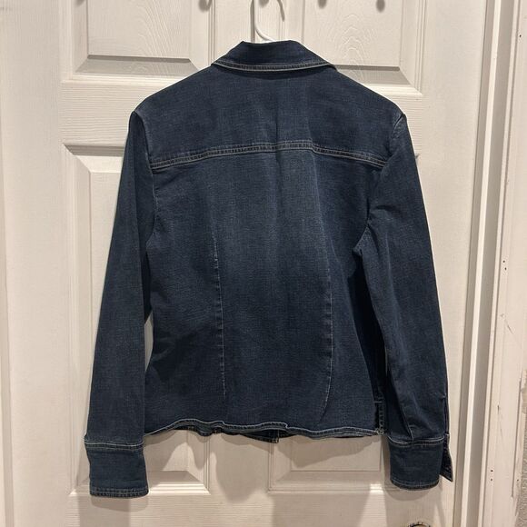 Christopher & Banks Women's Stretch Denim Blue Jean Jacket Snap Buttons‎ Large - Picture 7 of 8
